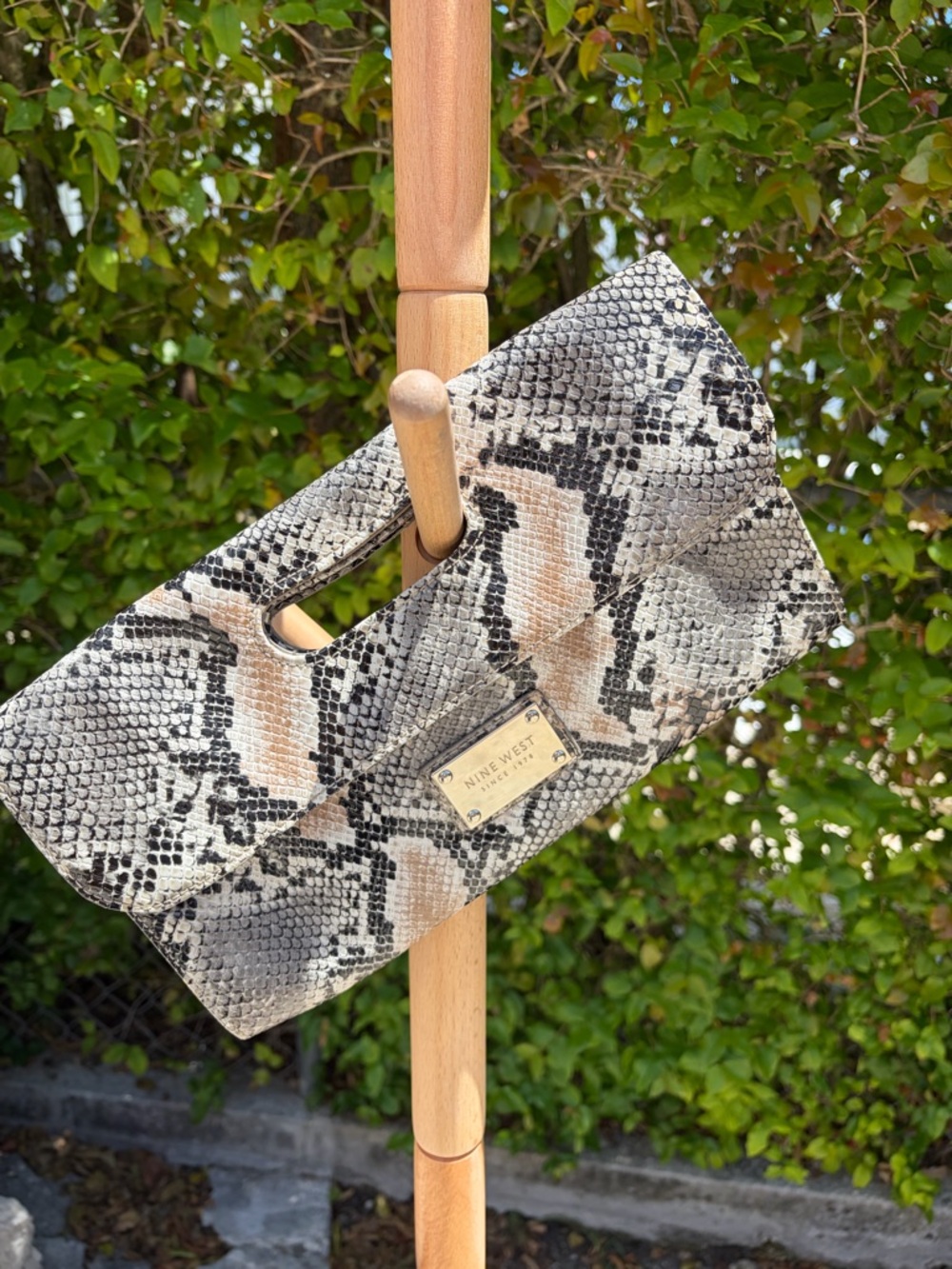 Nine West Snake-Print Clutch in Taupe, Black & Cream